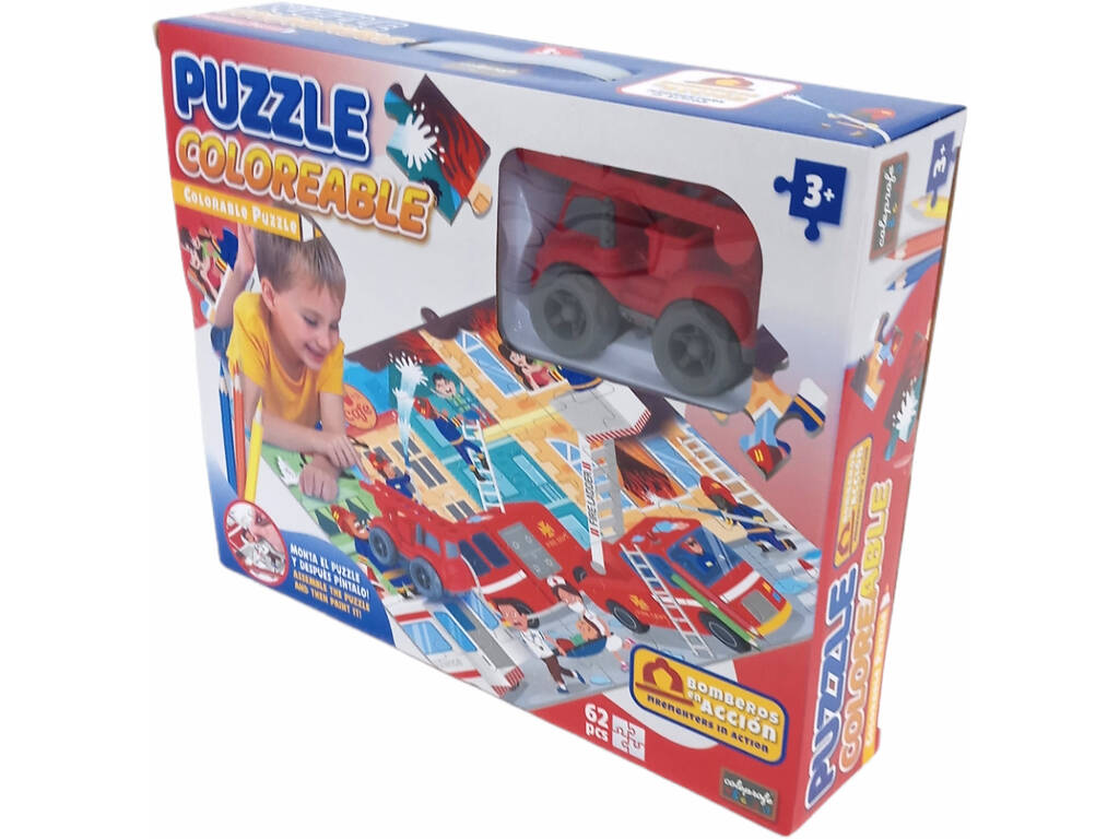 Puzzle Coloreable Bomberos con Vehículo Fricción