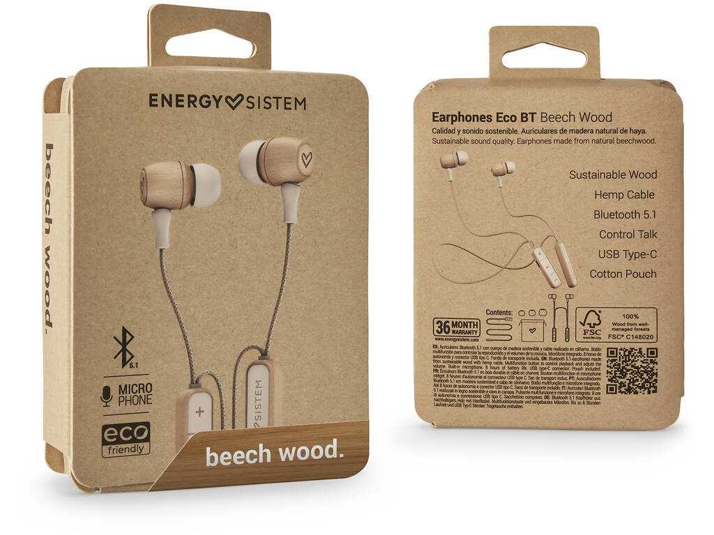 Ecouteurs Earphones Eco Bluetooth Beech Wood Energy Sistem 45239 