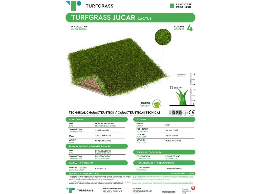 Erba artificiale 1m² Jucar Cactus 32 mm