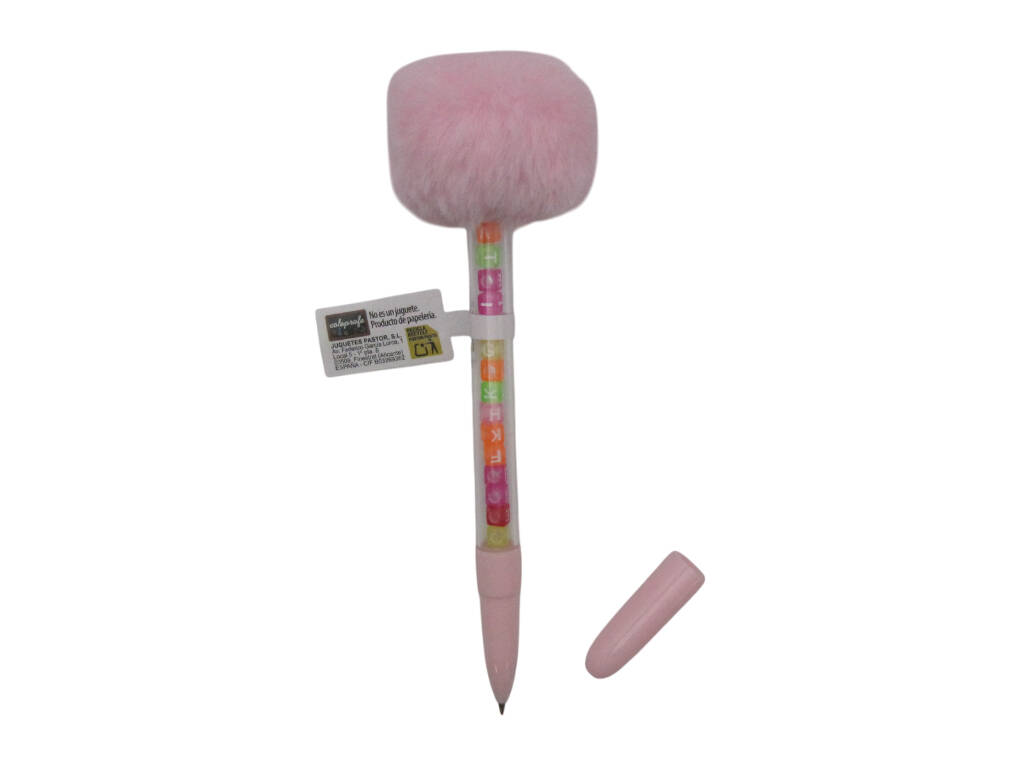Stylo à bille bleu avec pompon et perles avec lettres 19 cm