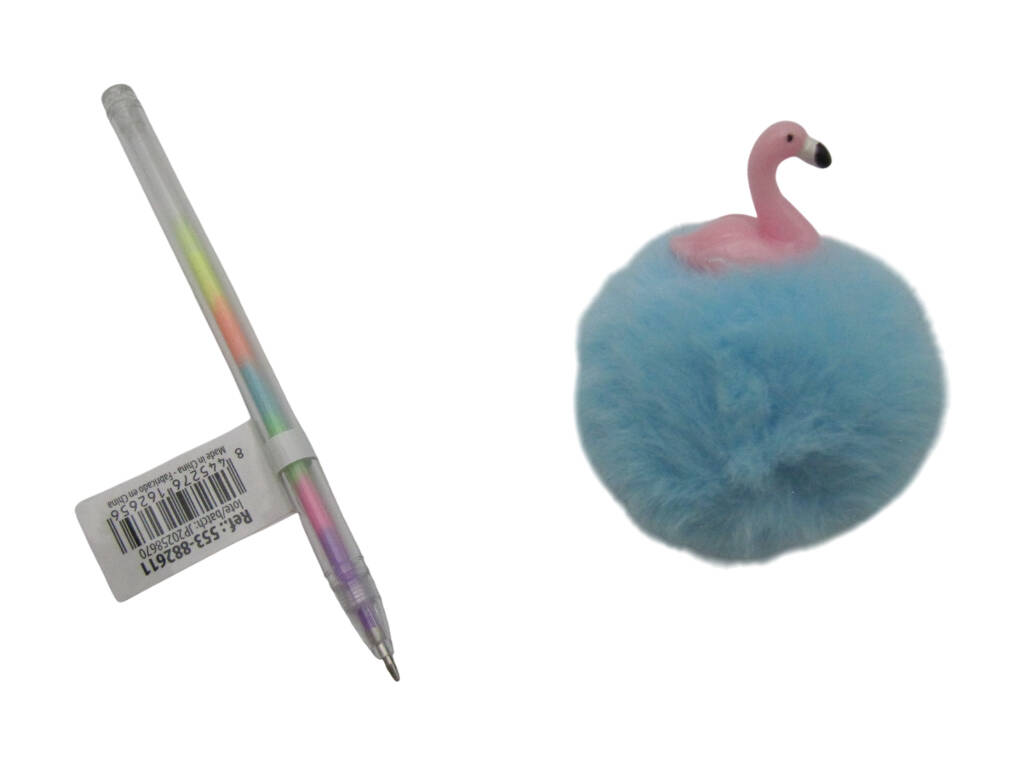 Stylo à bille multicolore avec pompon et flamant rose 19 cm