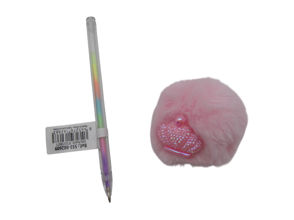 Stylo à bille multicolore avec pompon et couronne 17,5 cm
