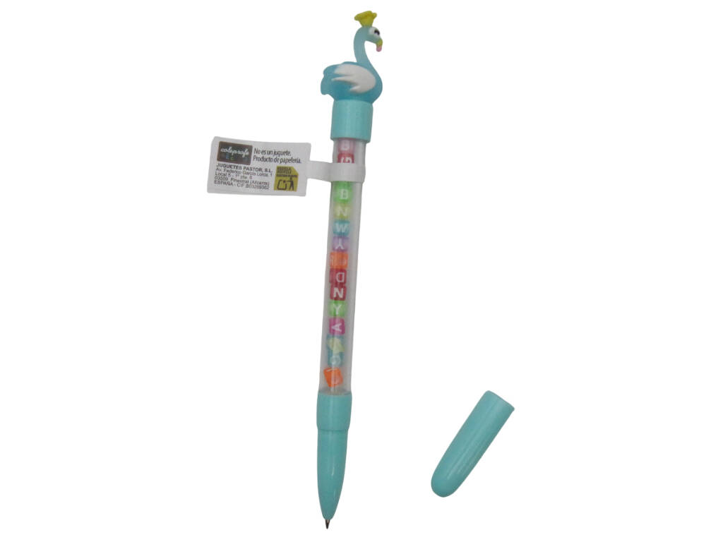 Stylo à bille bleu avec flamant rose et perles avec lettres 19,5 cm