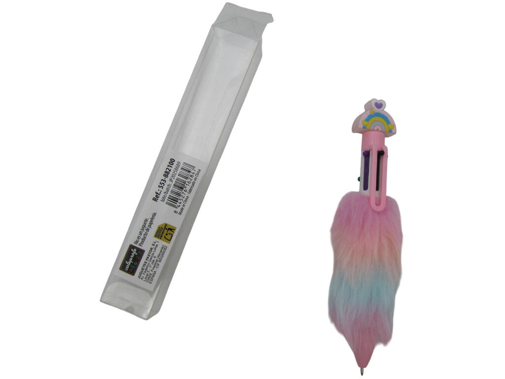 Stylo à bille 6 couleurs avec arc-en-ciel et fourrure 15,5cm