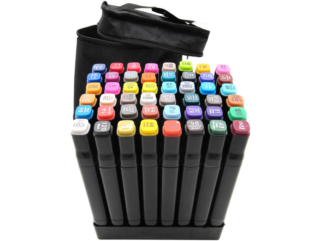 Conjunto 48 Marcadores de Cores Diferentes com 2 Pontas de 3 e 6,5 mm em Bolsa com Asa