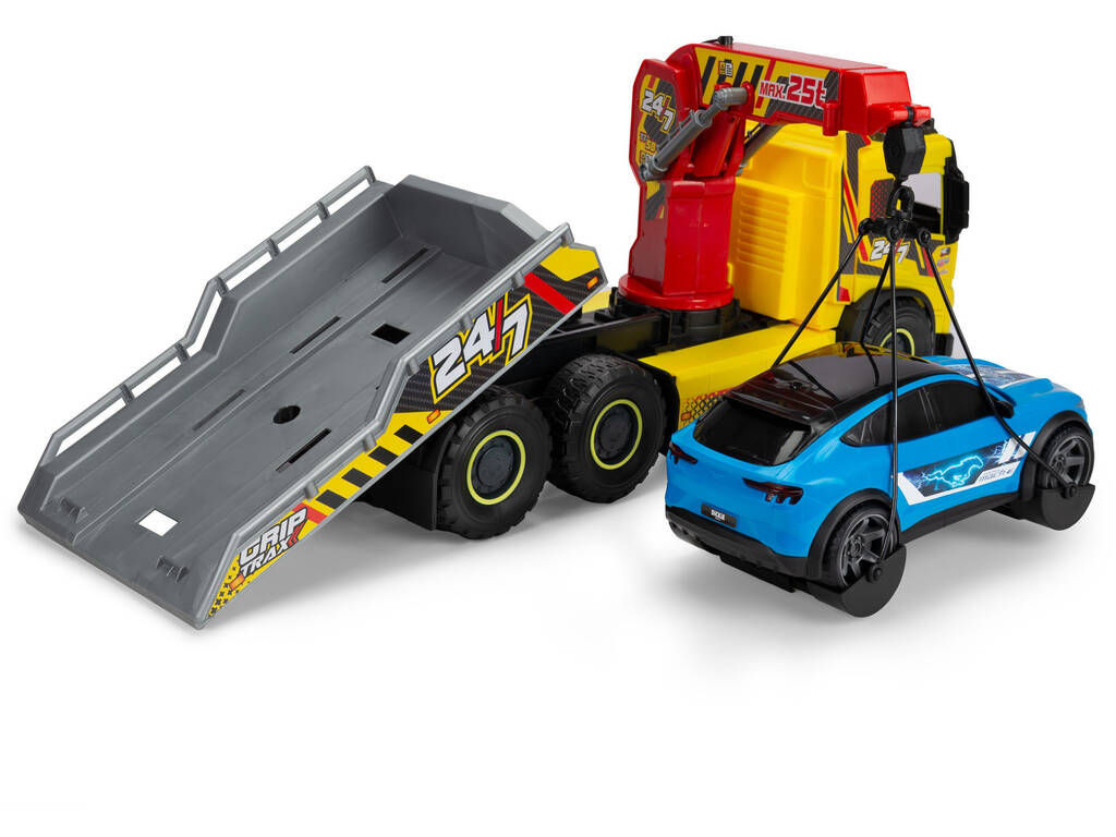 Camion grue Volvo de 55 cm avec lumières et sons et voiture Form Mustang de 25 cm
